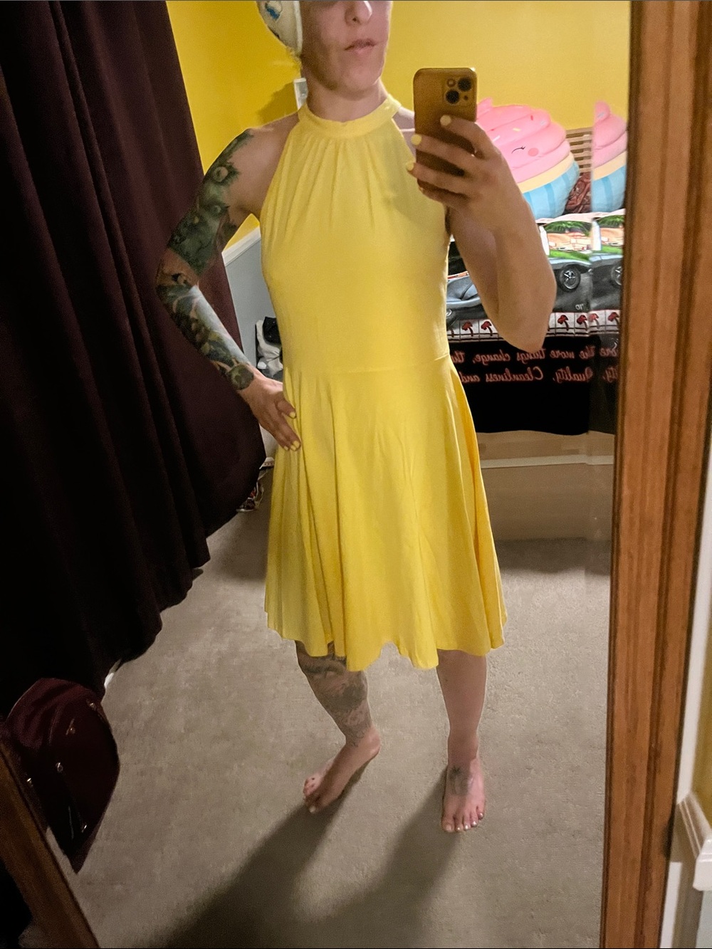 Bright Yellow Halter Midi Dress - Sleeveless Flare